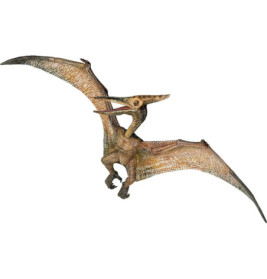 Ein realistisches Modell eines fliegenden Pterosauriers mit großen Flügeln, langem Schnabel und brauner Haut.