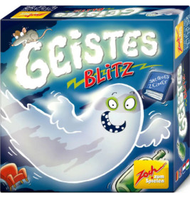 Ein Cartoon-Geist fliegt über die bunte Geistes-Blitz-Spielschachtel, während Gegenstände umherwirbeln.