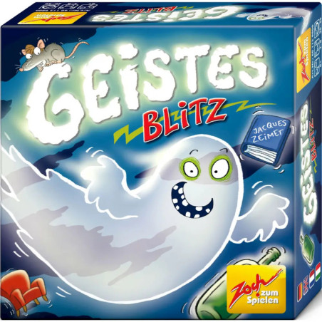 Ein Cartoon-Geist fliegt über die bunte Geistes-Blitz-Spielschachtel, während Gegenstände umherwirbeln.