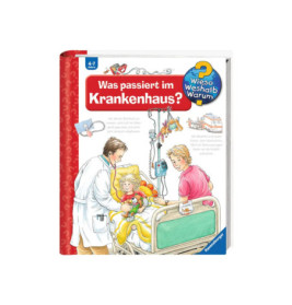 Cover eines Kinderkrankenhaus-Buchs mit Arzt, Kind im Bett und Erwachsenem im medizinischen Umfeld.