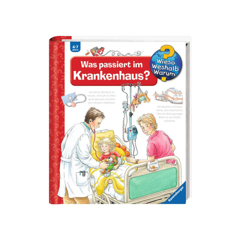 Cover eines Kinderkrankenhaus-Buchs mit Arzt, Kind im Bett und Erwachsenem im medizinischen Umfeld. Cover eines Kinderkrankenhaus-Buchs mit Arzt, Kind im Bett und Erwachsenem im medizinischen Umfeld.