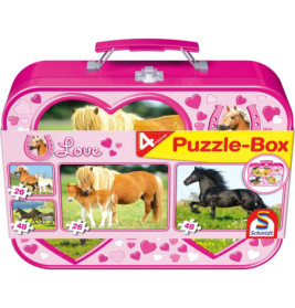 Schmidt Spiele Puzzle Pferde im Metallkoffer  2 x 26 Teile, 2 x 48 Teile