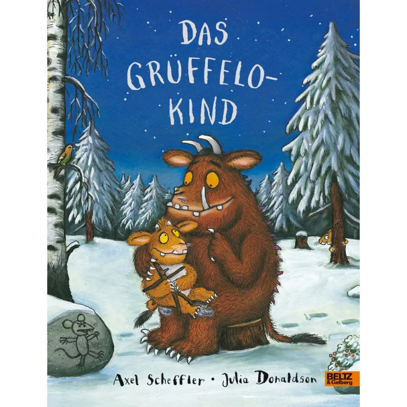 Cover von Das Grüffelo-Kind: Zwei Grüffelos kuscheln nachts im verschneiten Wald, im Hintergrund Tiersilhouetten.