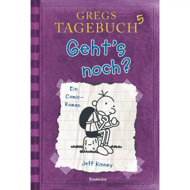 Lila Cover von Gregs Tagebuch 5: Gehts noch? mit gezeichnetem Jungen auf einem Felsen, von Jeff Kinney. Lila Cover von Gregs Tagebuch 5: Gehts noch? mit gezeichnetem Jungen auf einem Felsen, von Jeff Kinney.