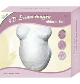 Eine Box mit dem Bild eines 3D-Gipsabdrucks eines schwangeren Bauchs auf der Vorderseite.