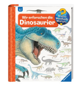 Buchcover mit brüllendem Dinosaurier und weiteren Dino-Abbildungen, Titel: Wir erforschen die Dinosaurier.