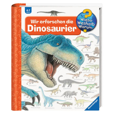 Buchcover mit brüllendem Dinosaurier und weiteren Dino-Abbildungen, Titel: Wir erforschen die Dinosaurier.