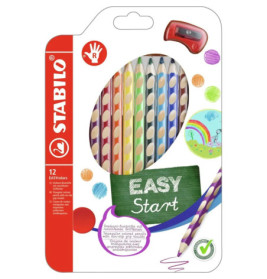 12 STABILO EASYcolors Buntstifte mit farbigen Streifen und Anspitzer oben rechts in der Packung.