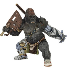 Gorilla-Actionfigur mit Rüstung, großem Krummschwert, Robotergliedmaßen und Schulterpanzer in dynamischer Pose.