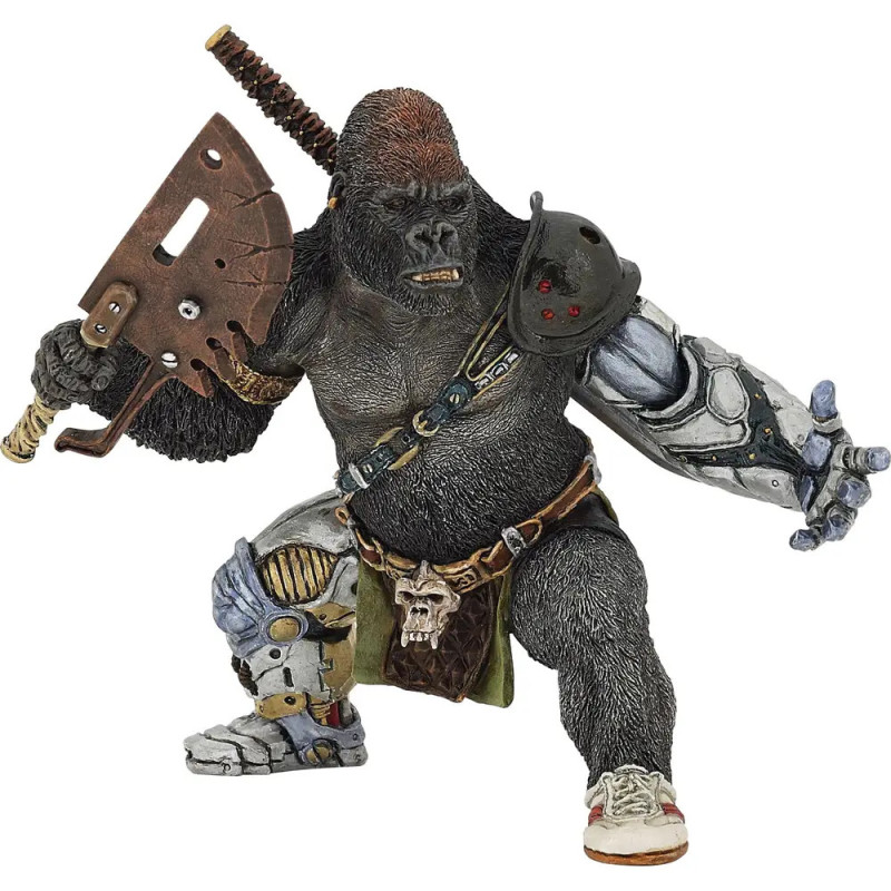 Gorilla-Actionfigur mit Rüstung, großem Krummschwert, Robotergliedmaßen und Schulterpanzer in dynamischer Pose. Gorilla-Actionfigur mit Rüstung, großem Krummschwert, Robotergliedmaßen und Schulterpanzer in dynamischer Pose.