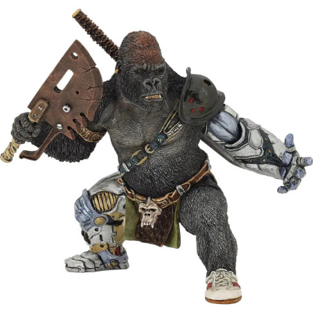 Gorilla-Actionfigur mit Rüstung, großem Krummschwert, Robotergliedmaßen und Schulterpanzer in dynamischer Pose. Gorilla-Actionfigur mit Rüstung, großem Krummschwert, Robotergliedmaßen und Schulterpanzer in dynamischer Pose.