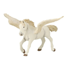 Weiße geflügelte Pferdefigur mit beiger Mähne, Schweif und Flügeln, steht auf drei Beinen.