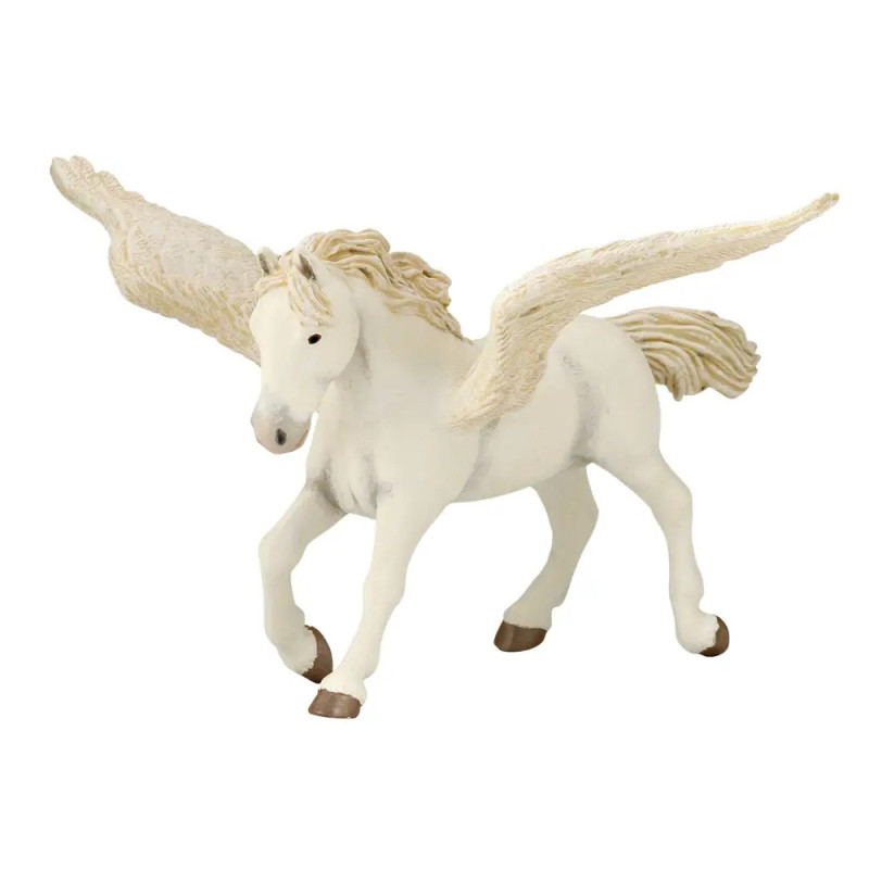 Weiße geflügelte Pferdefigur mit beiger Mähne, Schweif und Flügeln, steht auf drei Beinen. Weiße geflügelte Pferdefigur mit beiger Mähne, Schweif und Flügeln, steht auf drei Beinen.