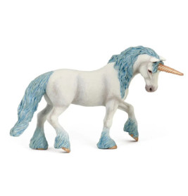 Weiße Einhornfigur mit blauer Mähne, Schweif und Hufen sowie goldenem Horn läuft vorwärts.