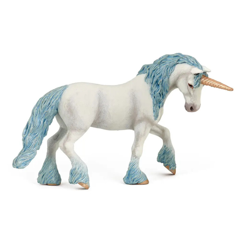 Weiße Einhornfigur mit blauer Mähne, Schweif und Hufen sowie goldenem Horn läuft vorwärts. Weiße Einhornfigur mit blauer Mähne, Schweif und Hufen sowie goldenem Horn läuft vorwärts.