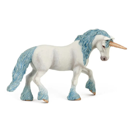 Weiße Einhornfigur mit blauer Mähne, Schweif und Hufen sowie goldenem Horn läuft vorwärts. Weiße Einhornfigur mit blauer Mähne, Schweif und Hufen sowie goldenem Horn läuft vorwärts.