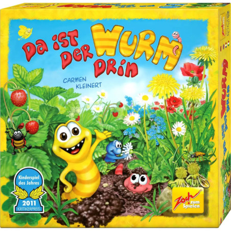 Bunte Brettspielschachtel mit lächelndem Wurm, Blumen, Erdbeeren und Insekten auf hellem, comicartigem Hintergrund.