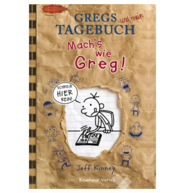 Cover von Gregs Tagebuch und Machs wie Greg! mit Cartoon-Junge beim Zeichnen, blau-roten, kinderhaften Skizzen.