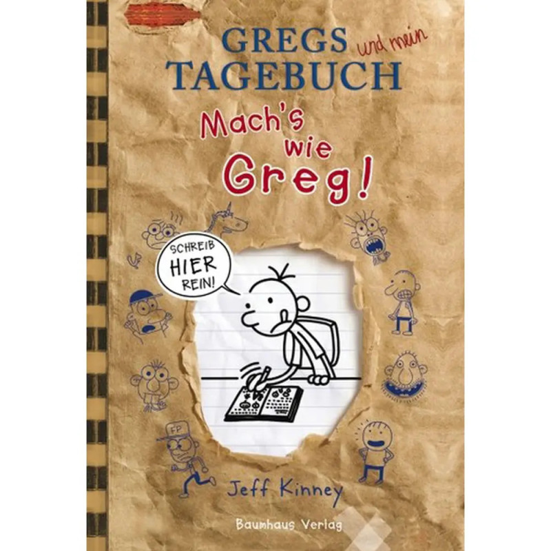 Cover von Gregs Tagebuch und Machs wie Greg! mit Cartoon-Junge beim Zeichnen, blau-roten, kinderhaften Skizzen.