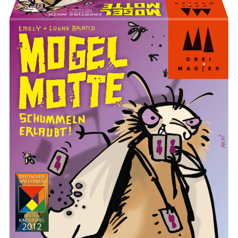 Spielschachtel von Mogel Motte mit einer Cartoon-Motte, die Spielkarten hält, und auffälligem gelbem Schriftzug.