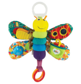 Buntes Plüsch-Schmetterlings-Babyspielzeug mit gemusterten Flügeln und Ringen, ideal für sensorisches Spielen.