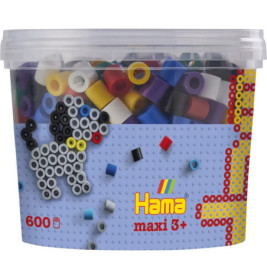 Hama Maxi Perlen (ab 3 Jahren) im Behälter mit Hundemotiv und bunten Perlen im Inneren.