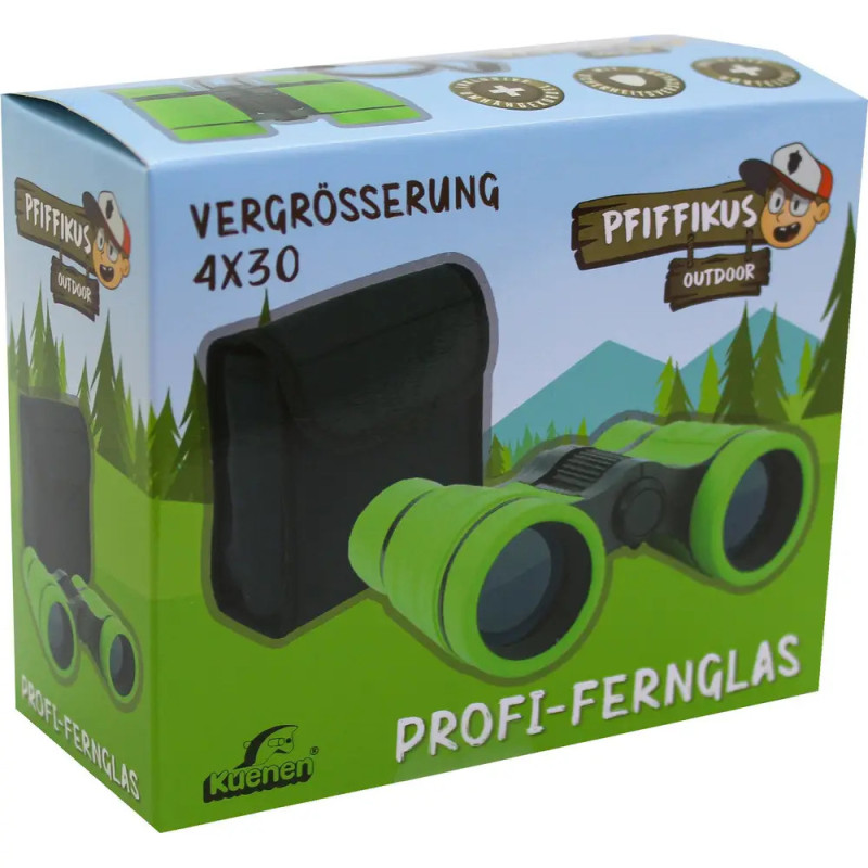 Grünes Spielzeug-Fernglas in bunter Verpackung mit deutscher Aufschrift und Outdoor-Cartoongrafiken.