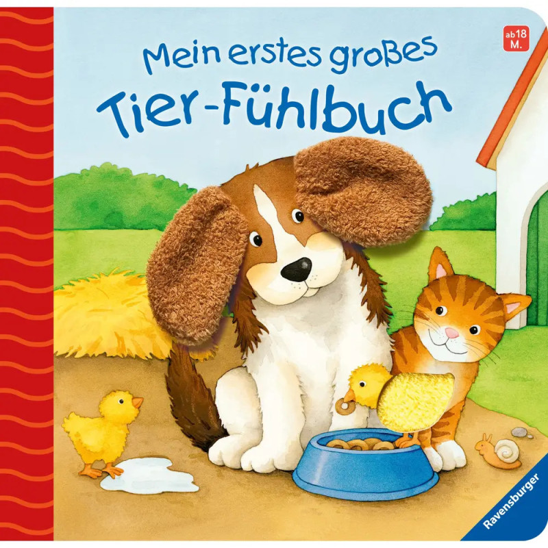 Illustration von Hund, Katze und Entenküken auf dem Buchcover Mein erstes großes Tier-Fühlbuch.