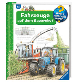 Kinderbuchcover mit landwirtschaftlichen Fahrzeugen: blauer Traktor und Mähdrescher arbeiten auf einem Feld.
