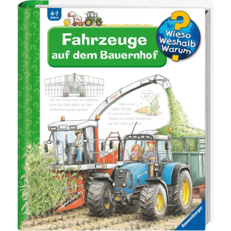 Kinderbuchcover mit landwirtschaftlichen Fahrzeugen: blauer Traktor und Mähdrescher arbeiten auf einem Feld.