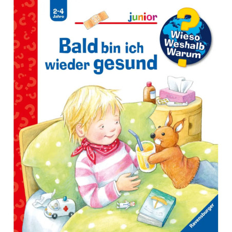 Ein Kind füttert im Bett ein Känguru-Stofftier daneben liegen Taschentücher, Bücher, Medizin und ein deutsches Cover. Ein Kind füttert im Bett ein Känguru-Stofftier daneben liegen Taschentücher, Bücher, Medizin und ein deutsches Cover.