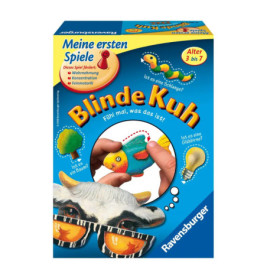 Box des Spiels Blinde Kuh von Ravensburger mit Hand, die Tierformen berührt, und einer Kuhmaske.