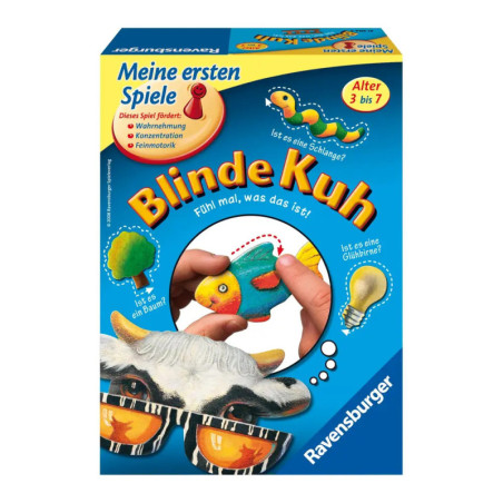 Box des Spiels Blinde Kuh von Ravensburger mit Hand, die Tierformen berührt, und einer Kuhmaske. Box des Spiels Blinde Kuh von Ravensburger mit Hand, die Tierformen berührt, und einer Kuhmaske.