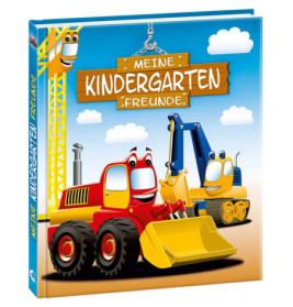 Kinderbuchcover mit gezeichneten Baufahrzeugen und dem Titel "Meine Kindergarten Freunde".