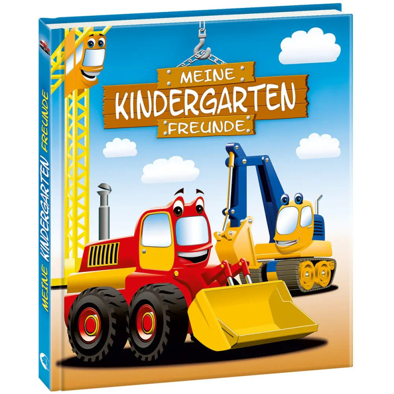 Kinderbuchcover mit gezeichneten Baufahrzeugen und dem Titel Meine Kindergarten Freunde.