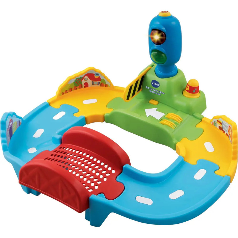 Bunte Kunststoff-Spielzeugbahn mit Brücke und interaktiven Elementen für Kinder zum Spielen und Lernen. Bunte Kunststoff-Spielzeugbahn mit Brücke und interaktiven Elementen für Kinder zum Spielen und Lernen.