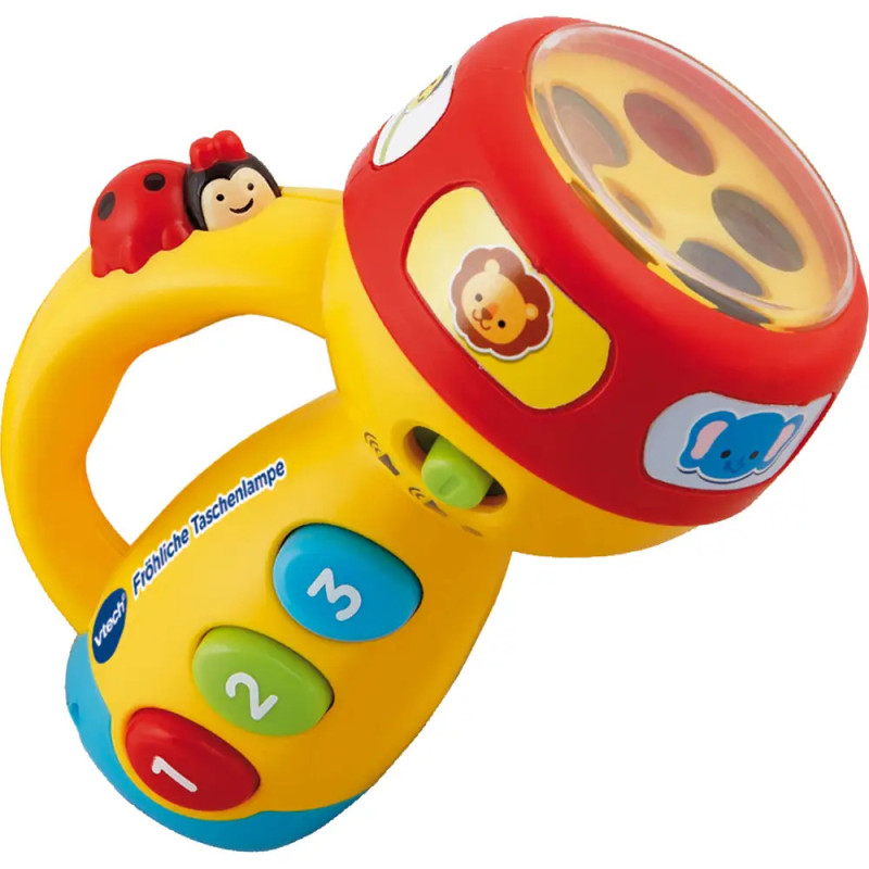 Bunte Taschenlampe für Kinder mit Tierstickern, Zifferntasten und einem Marienkäfer am Griff. Bunte Taschenlampe für Kinder mit Tierstickern, Zifferntasten und einem Marienkäfer am Griff.