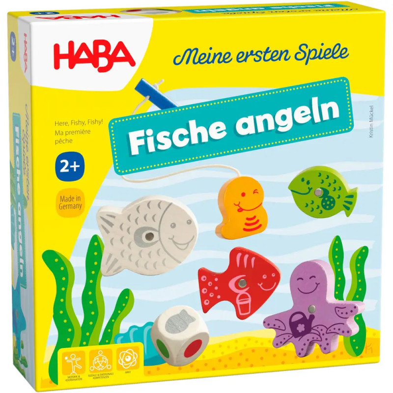 Bunte HABA-Angelspielbox für Kinder ab 2 Jahren mit Cartoon-Meerestieren auf der Vorderseite.