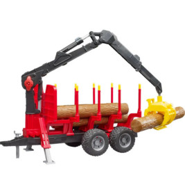 Spielzeug-Holzladewagen mit Kranarm, trägt Plastikstämme und hat rote sowie gelbe Details an Rädern und Rahmen.