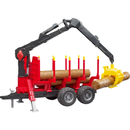 Spielzeug-Holzladewagen mit Kranarm, trägt Plastikstämme und hat rote sowie gelbe Details an Rädern und Rahmen.