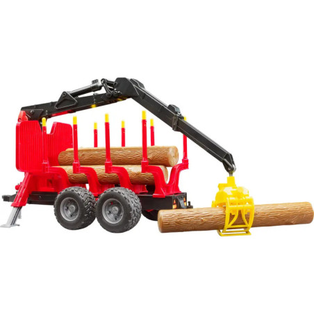 Rückeanhänger mit Ladekran, 4 Baumstämmen und Holzgreifer