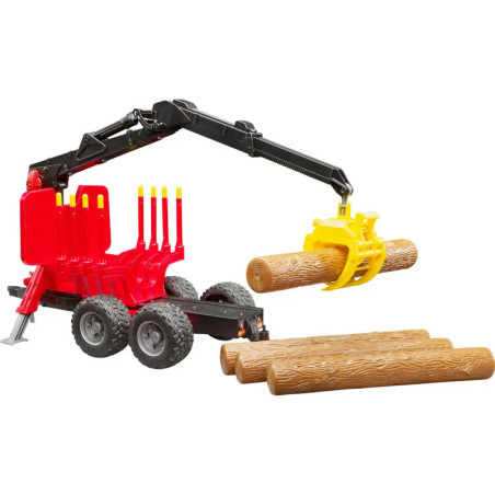 Rückeanhänger mit Ladekran, 4 Baumstämmen und Holzgreifer