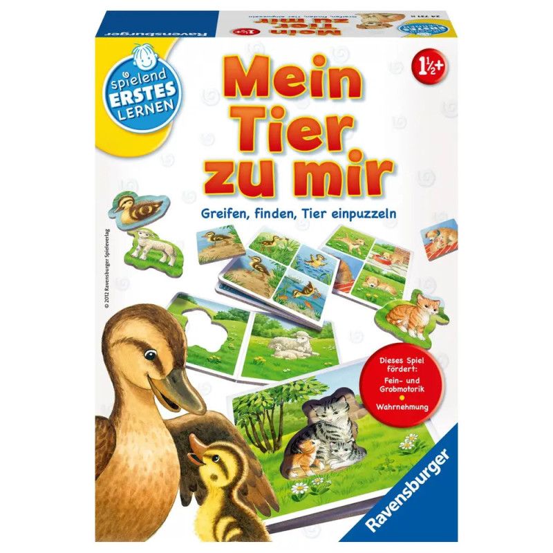 Ravensburger Puzzlebox mit Enten, Ferkeln, Schafen und dem Titel Mein Tier zu mir auf Deutsch. Ravensburger Puzzlebox mit Enten, Ferkeln, Schafen und dem Titel Mein Tier zu mir auf Deutsch.
