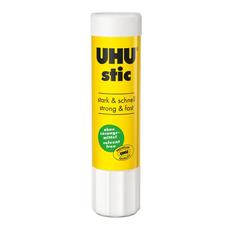 Gelber UHU stic Klebestift mit weißer Kappe, beschriftet mit stark & schnell, lösemittelfrei.