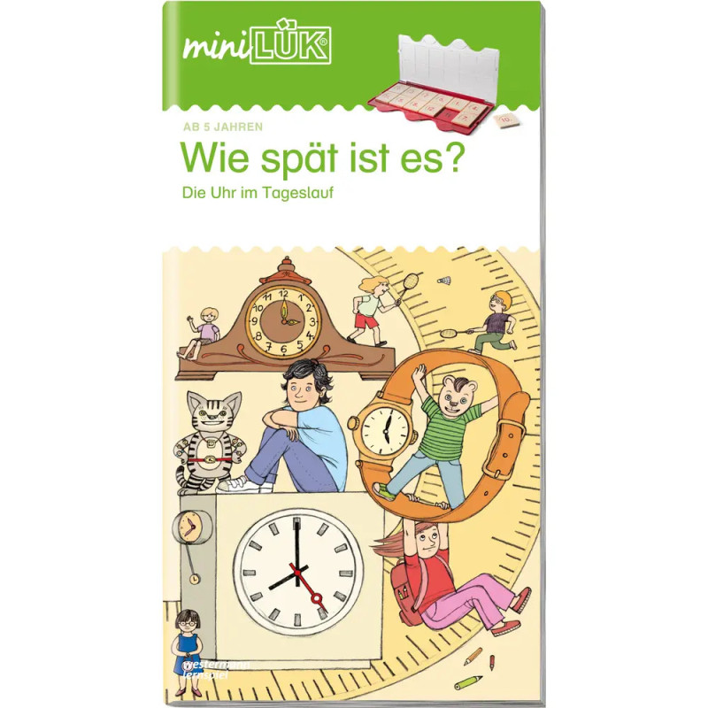 Kinder lernen mit großen Uhren das Uhrlesen, bunte Illustration auf einem Buchcover.