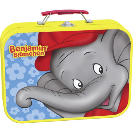 Gelbe Brotdose mit dem Cartoon-Elefanten Benjamin Blümchen im roten Cap auf blauem, blumigem Hintergrund.