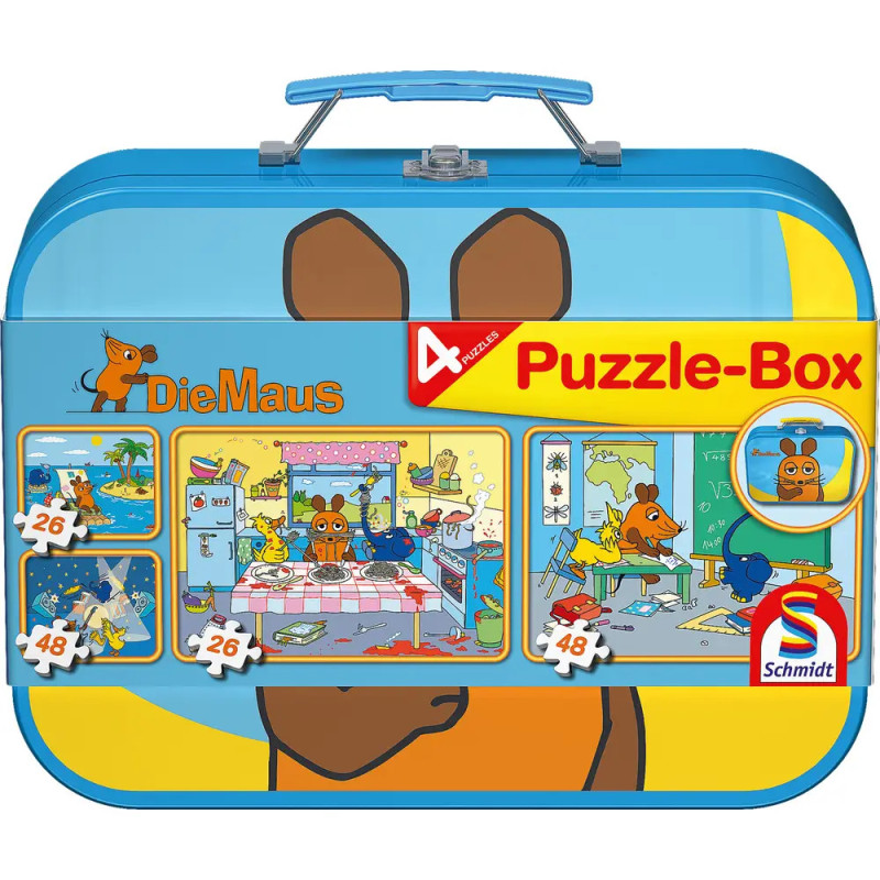 Schmidt Spiele Puzzle Die Maus im Metallkoffer 2 x 26 Teile, 2 x 48 Teile