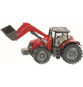 Roter Spielzeugtraktor mit gehobenem Frontlader auf weißem Hintergrund.