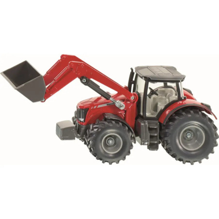 Roter Spielzeugtraktor mit gehobenem Frontlader auf weißem Hintergrund.