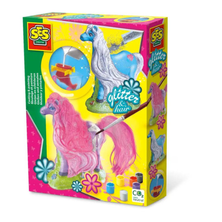 Bunte SES Creative-Box mit Spielzeugpferden, Farben und Zubehör zum Dekorieren mit Glitzer und Haar.